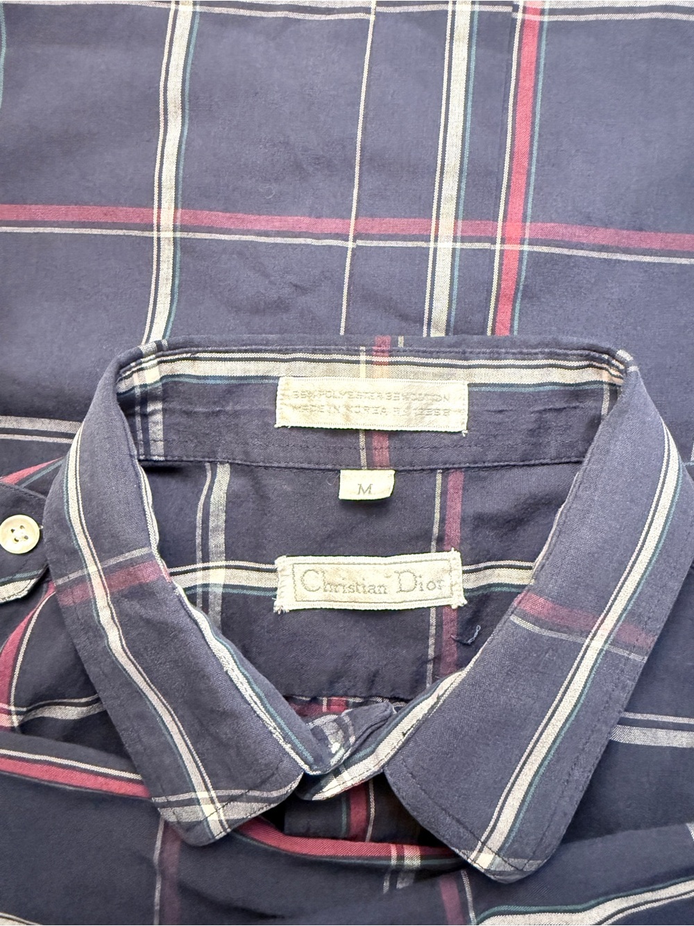 Vintage Christian Dior Plaid Epaulet Button Down Shirt Navy Men’s M - Picture 5 of 9